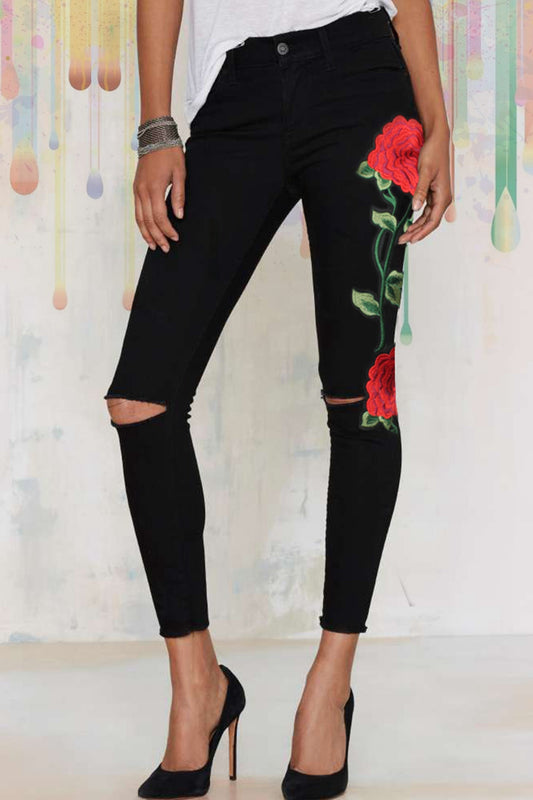 Cutout Rose Embroidery Full Size Jeans