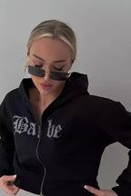 Rhinestone Hoodie with Zip Details