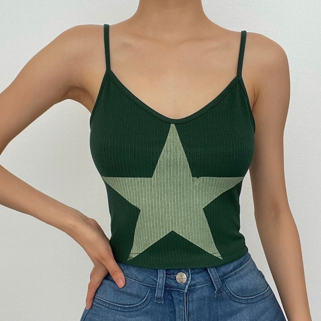 Star-Print Ribbed Strappy Cami Top with a V-Neck