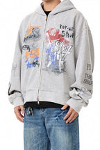 Graffiti-Graphic Oversized Zip Hoodie