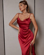 Spaghetti-Strap Sleeveless Midi Dress with a Cowl Neck