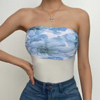 Floral Strapless Open-Back Top with Panel Details