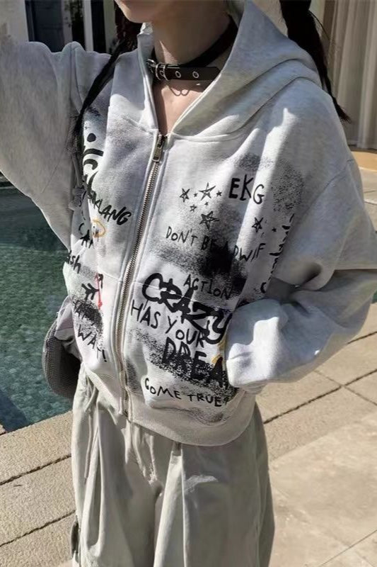 Gray Graffiti-Print Zip-Front Cropped Hoodie