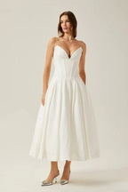 Corset-Style Pleated Midi Dress with an Off-Shoulder Neck