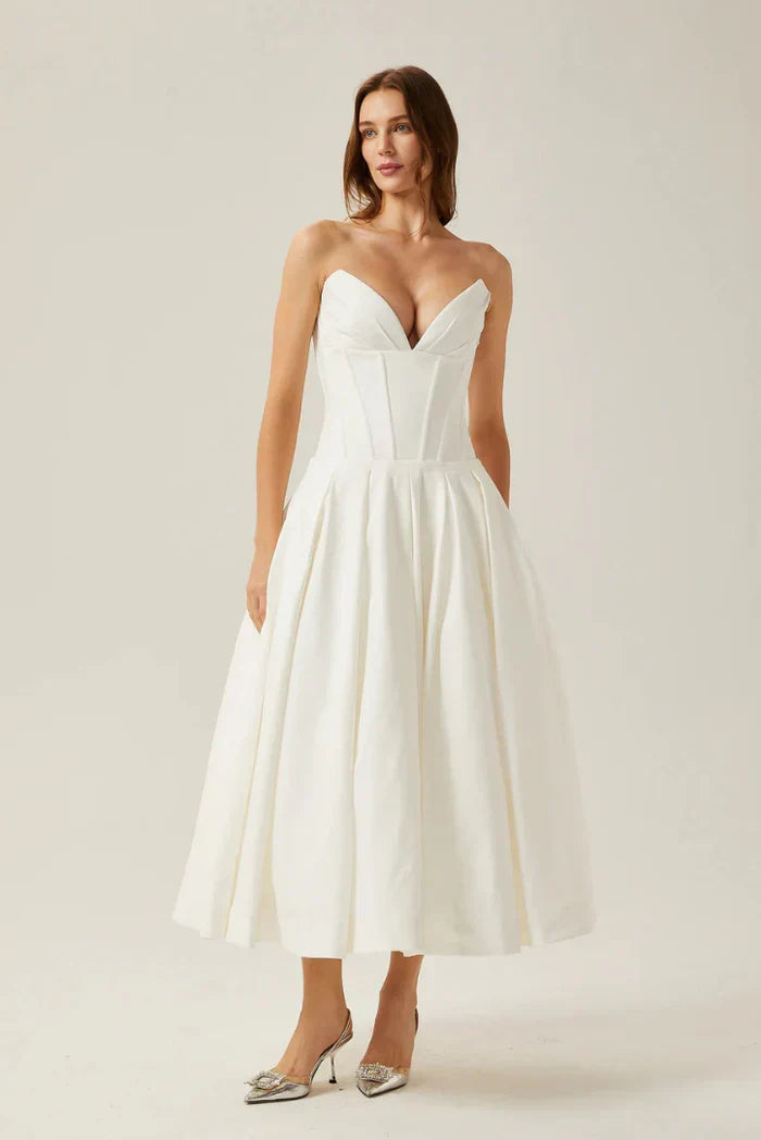 Corset-Style Pleated Midi Dress with an Off-Shoulder Neck