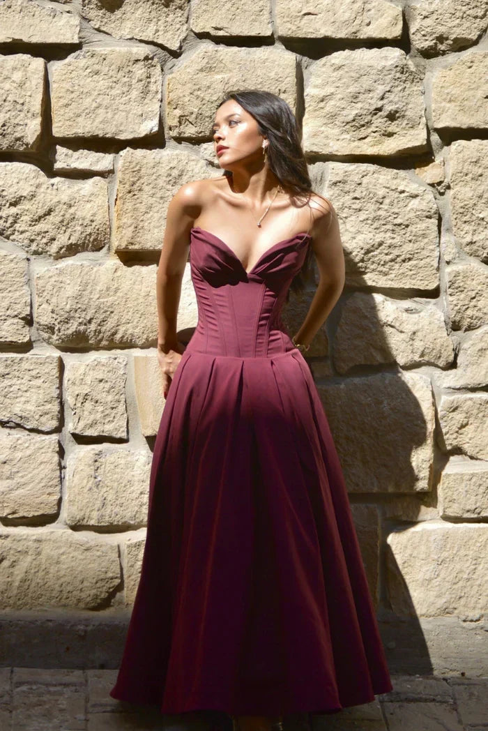 Corset-Style Pleated Midi Dress with an Off-Shoulder Neck