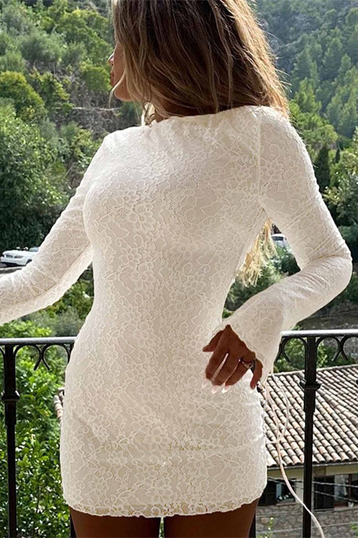 Crewneck Bodycon Mini Dress with Lace Details