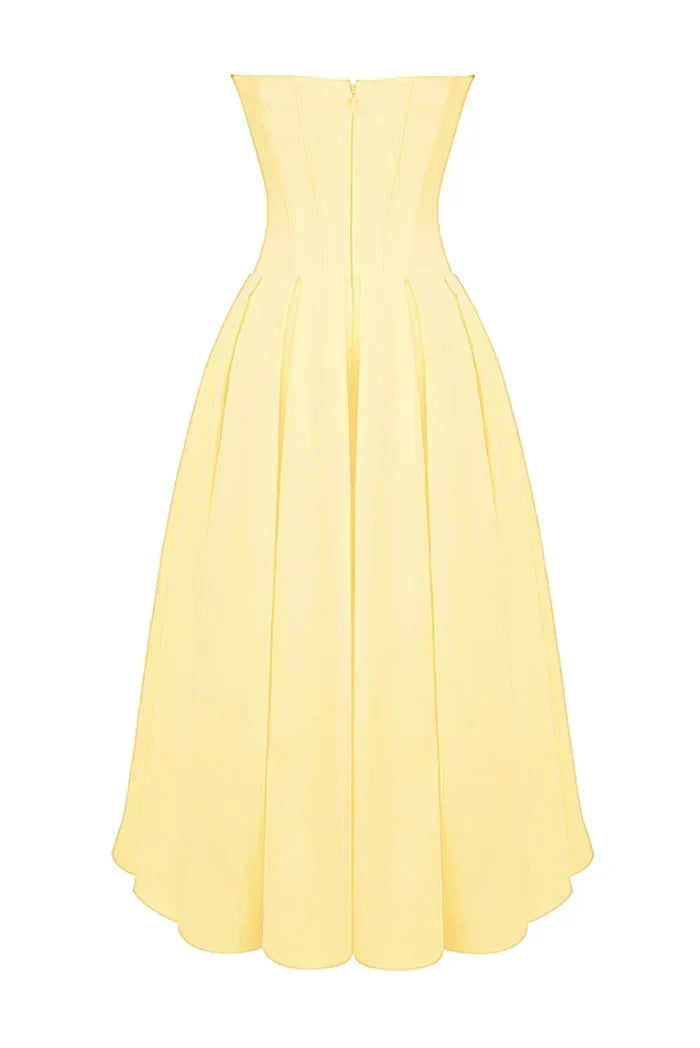 Corset-Style Pleated Midi Dress with an Off-Shoulder Neck