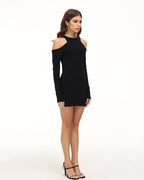 Halterneck Long-Sleeve Mini Dress with Cutout Details