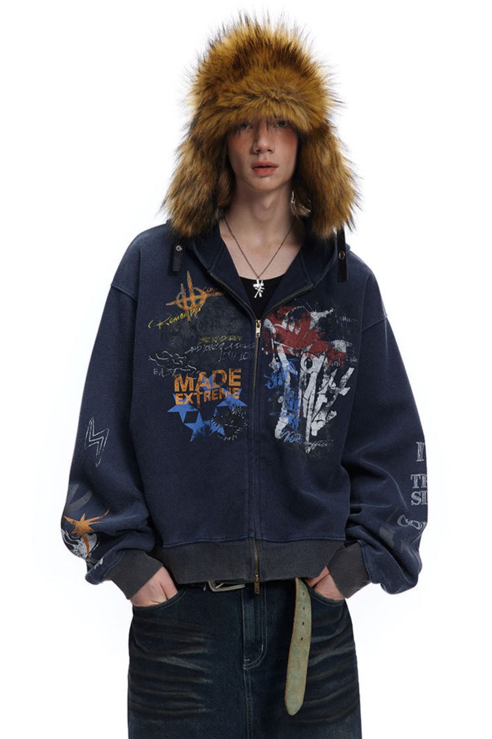 Graffiti-Graphic Oversized Zip Hoodie