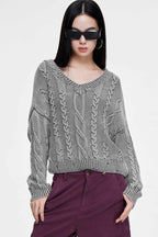 Cable-Knit Long-Sleeve Sweater with a V-Neck