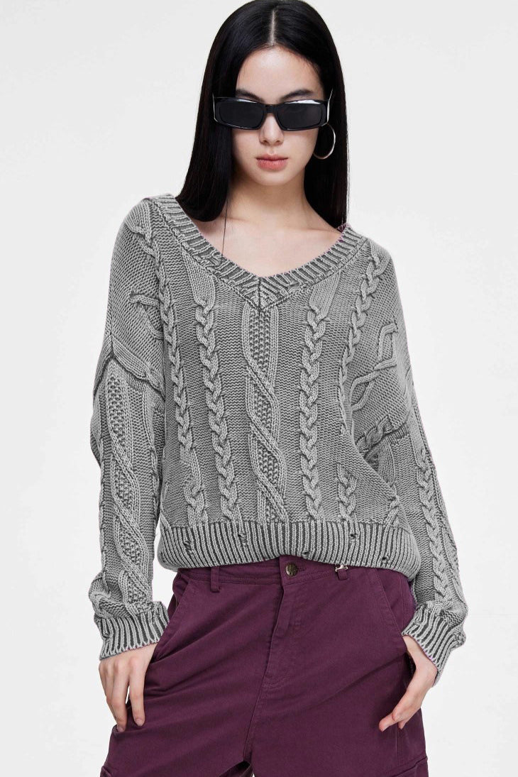 Cable-Knit Long-Sleeve Sweater with a V-Neck