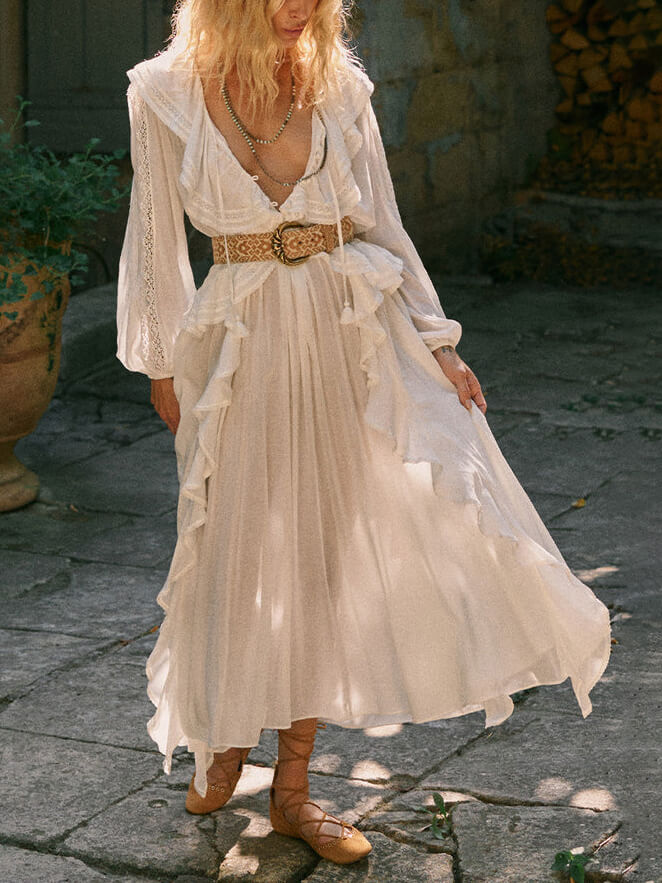 Balloon-Sleeve Retro Dress with Lace Details