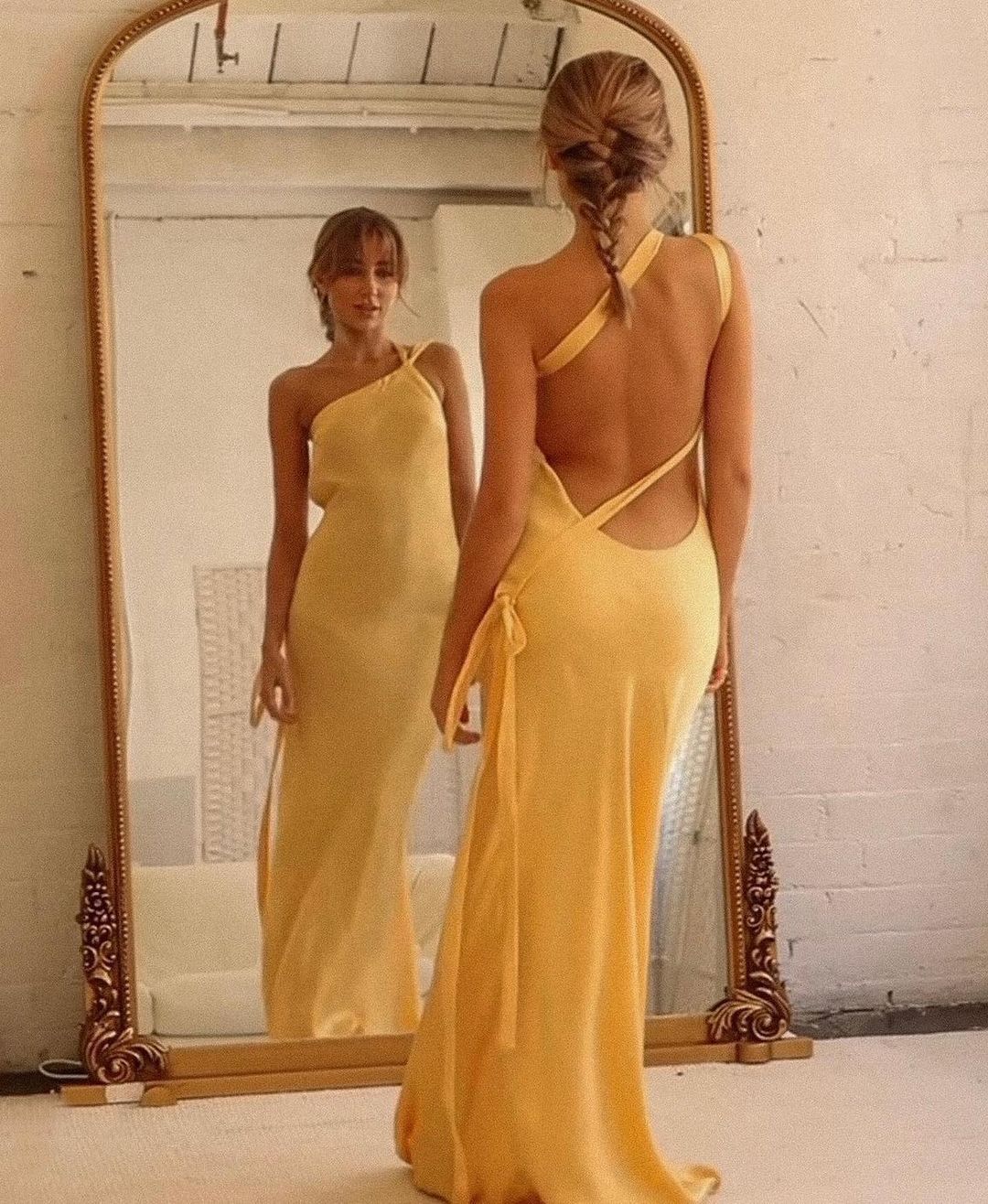 Satin Strappy Asymmetric Maxi Dress with an Open Back