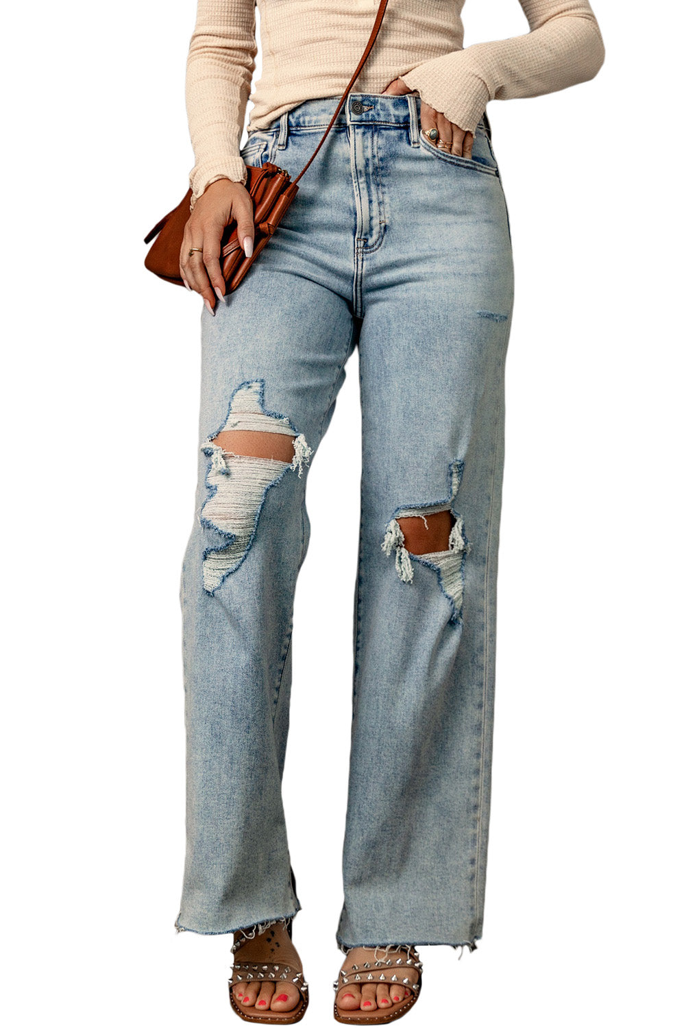 Blue Straight-Leg Relaxed-Fit Distressed Jeans with Raw-Edge Detail