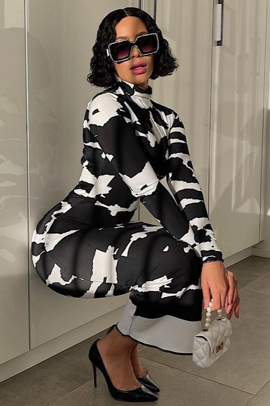 Floral Bodycon Long-Sleeve Maxi Dress with a High Neck