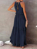 Halterneck Fitted Maxi Dress with Ruffle Details