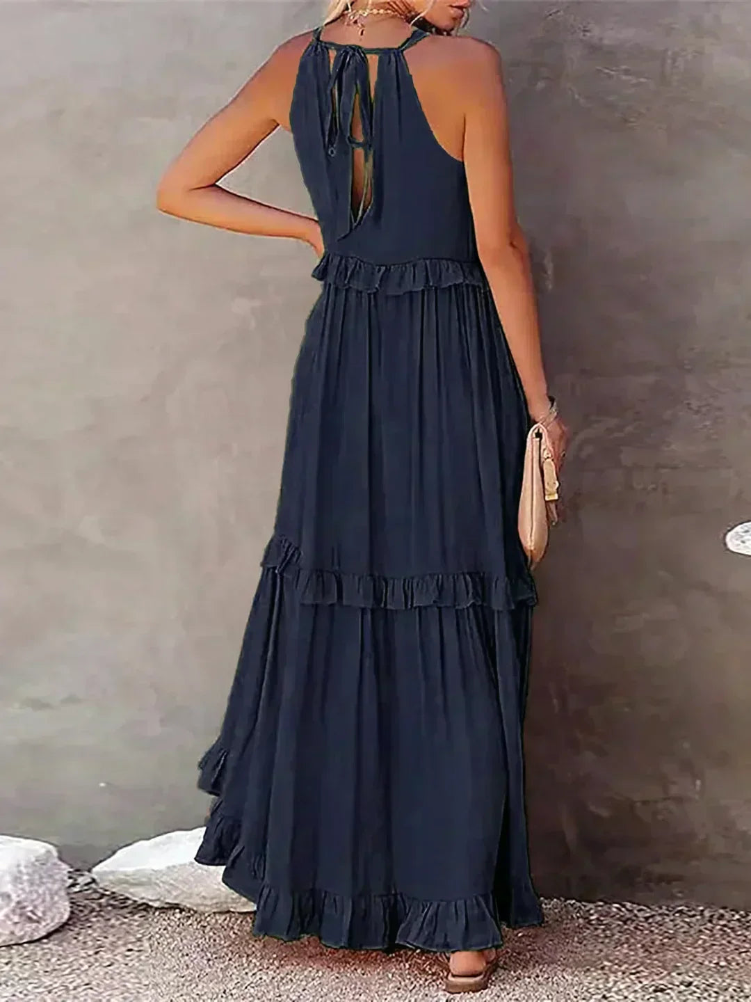 Halterneck Fitted Maxi Dress with Ruffle Details