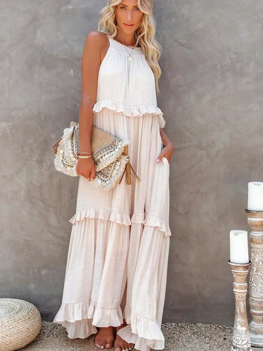 Halterneck Fitted Maxi Dress with Ruffle Details