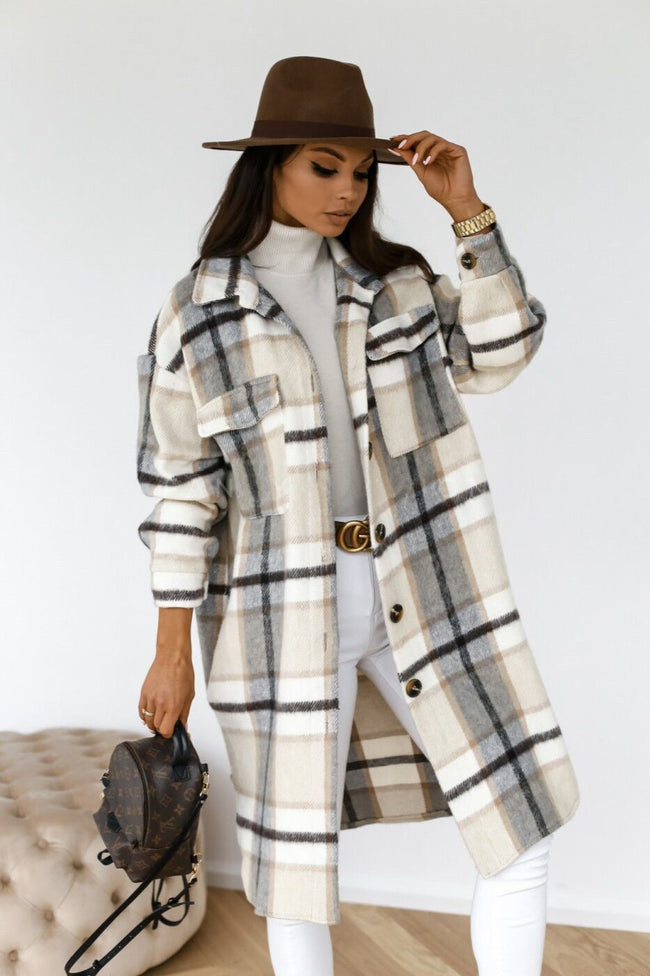 Plaid Button Down Shirt Coat White / S coats Main image