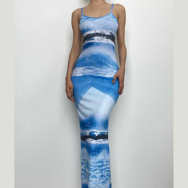 Printed Scoop-Neck Ribbed Maxi Dress with an Open Back Main image