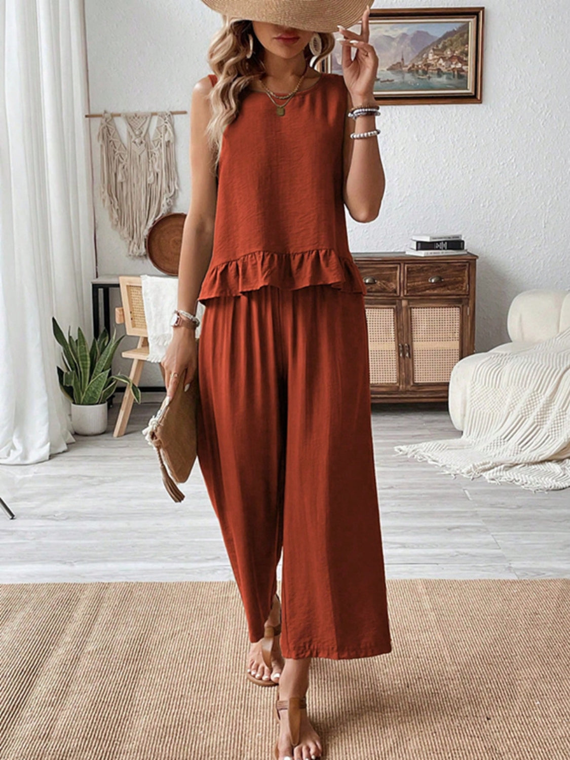 Wide-Leg Crewneck Co-Ord Set with Ruffle Details