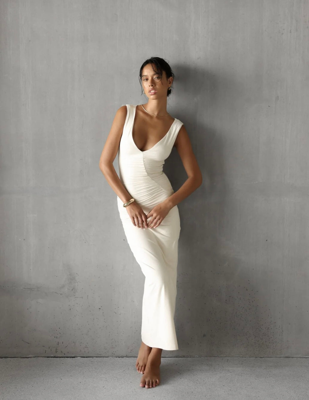 V-Neck Flared Dress with Ruched Details