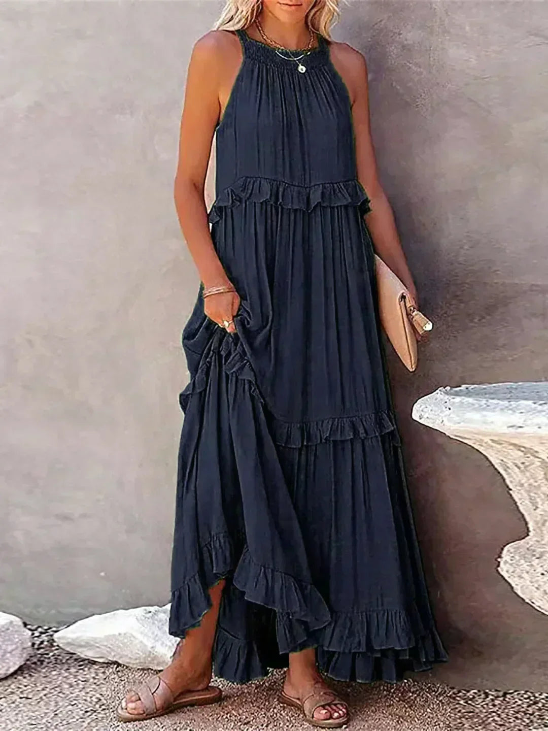 Halterneck Fitted Maxi Dress with Ruffle Details