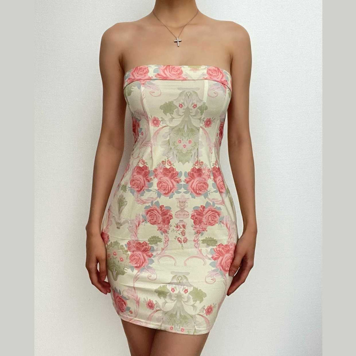 Floral Strapless Contrast-Detail Dress with an Open Back
