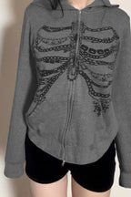 Skeleton-Print Zip-Detail Streetwear Hoodie