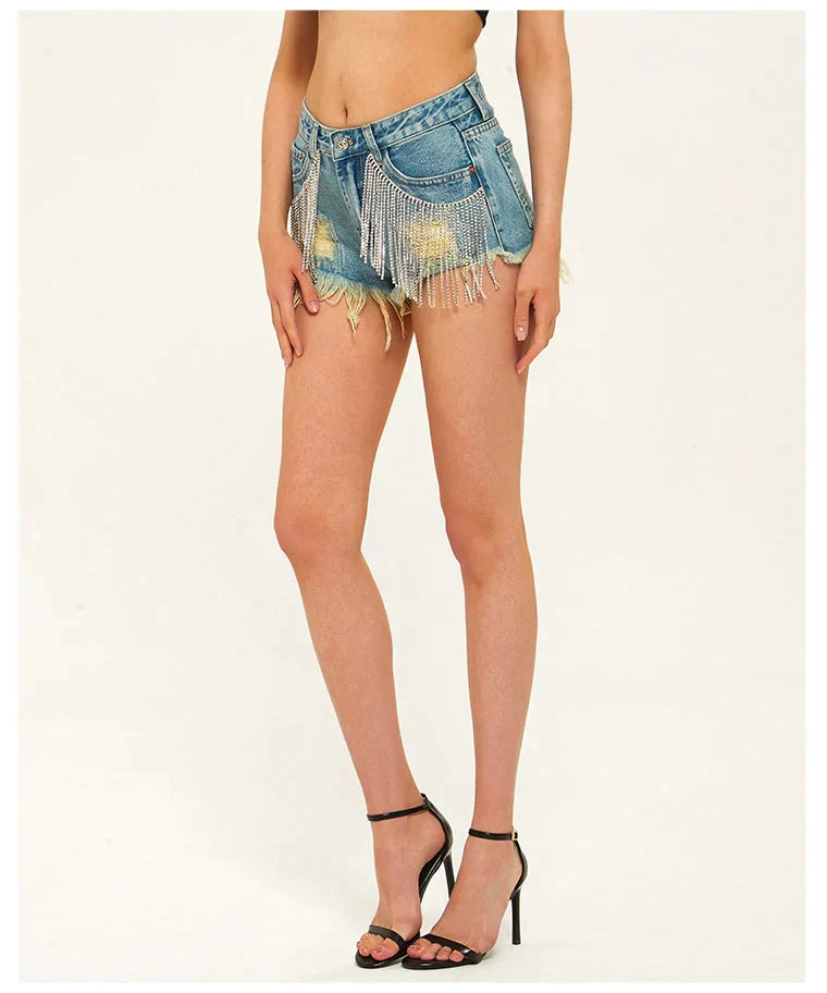 Denim Chain-Detail Shorts with Fringe Details