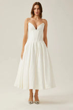 Corset-Style Pleated Midi Dress with an Off-Shoulder Neck