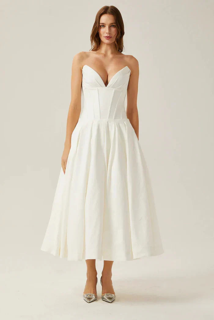Corset-Style Pleated Midi Dress with an Off-Shoulder Neck