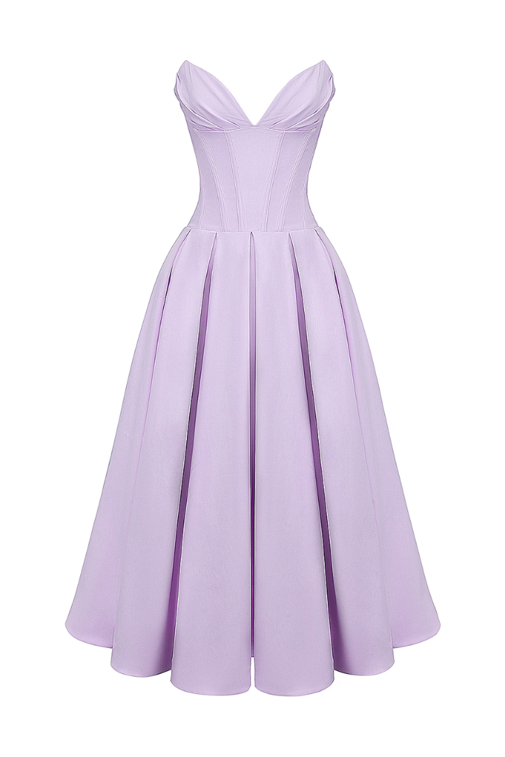 Corset-Style Pleated Midi Dress with an Off-Shoulder Neck