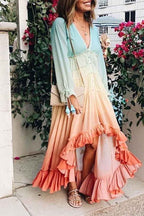 Ombré Long-Sleeve Dress with a V-Neck