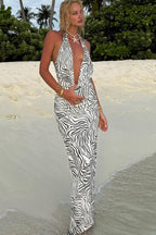 Zebra-Print Halterneck Fitted Maxi Dress