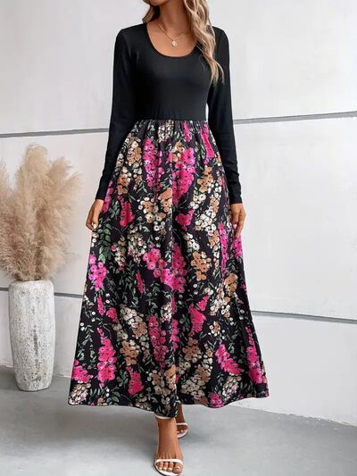 Floral Long Sleeve Round Neck Maxi Dress