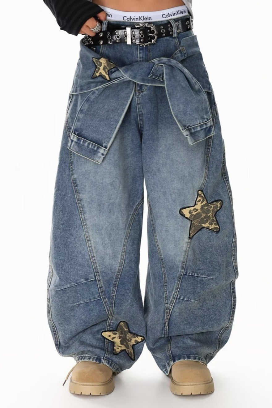 Leopard-Print Wide-Leg Relaxed-Fit Jeans with Panel Details