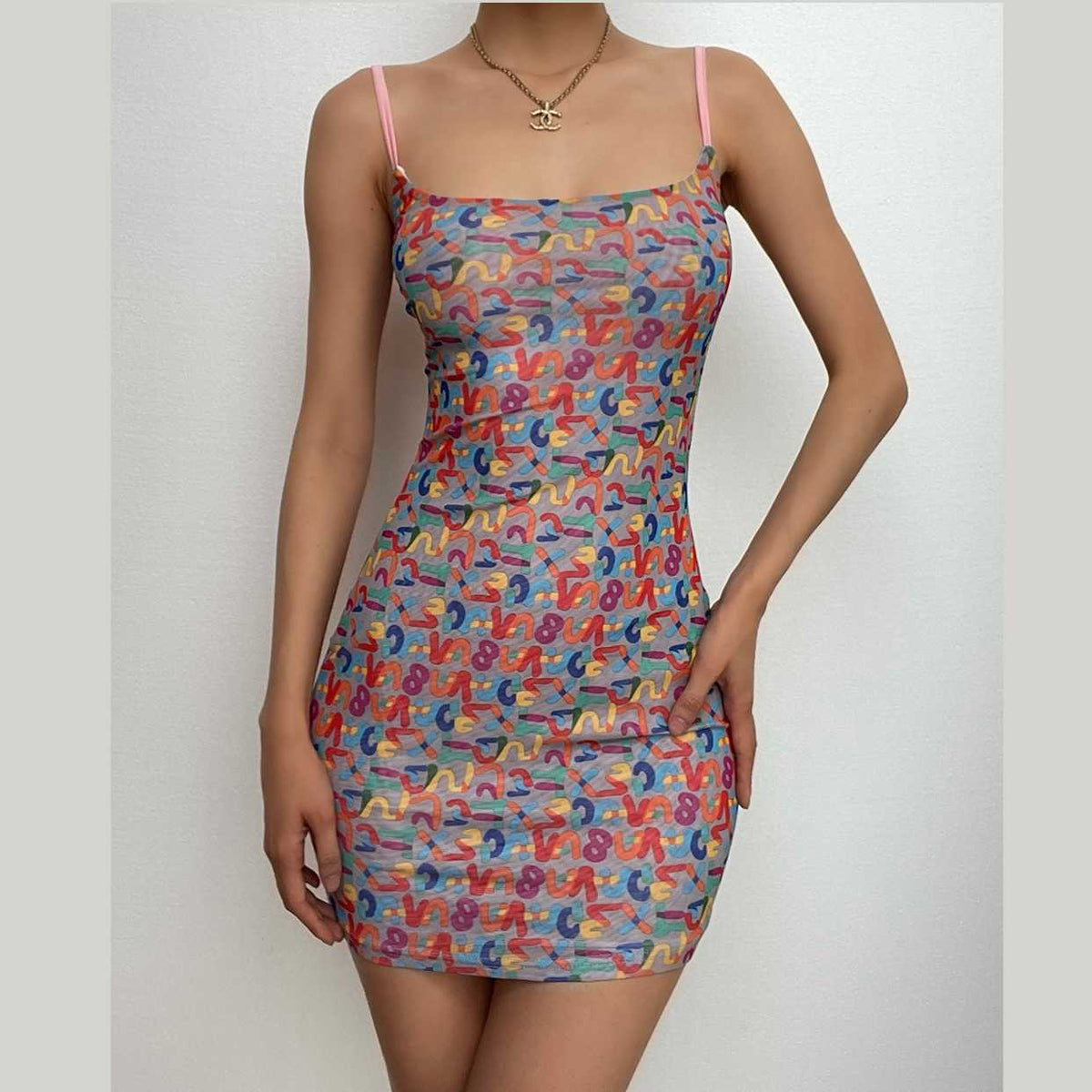 Lettered Square-Neck Strappy Mini Dress