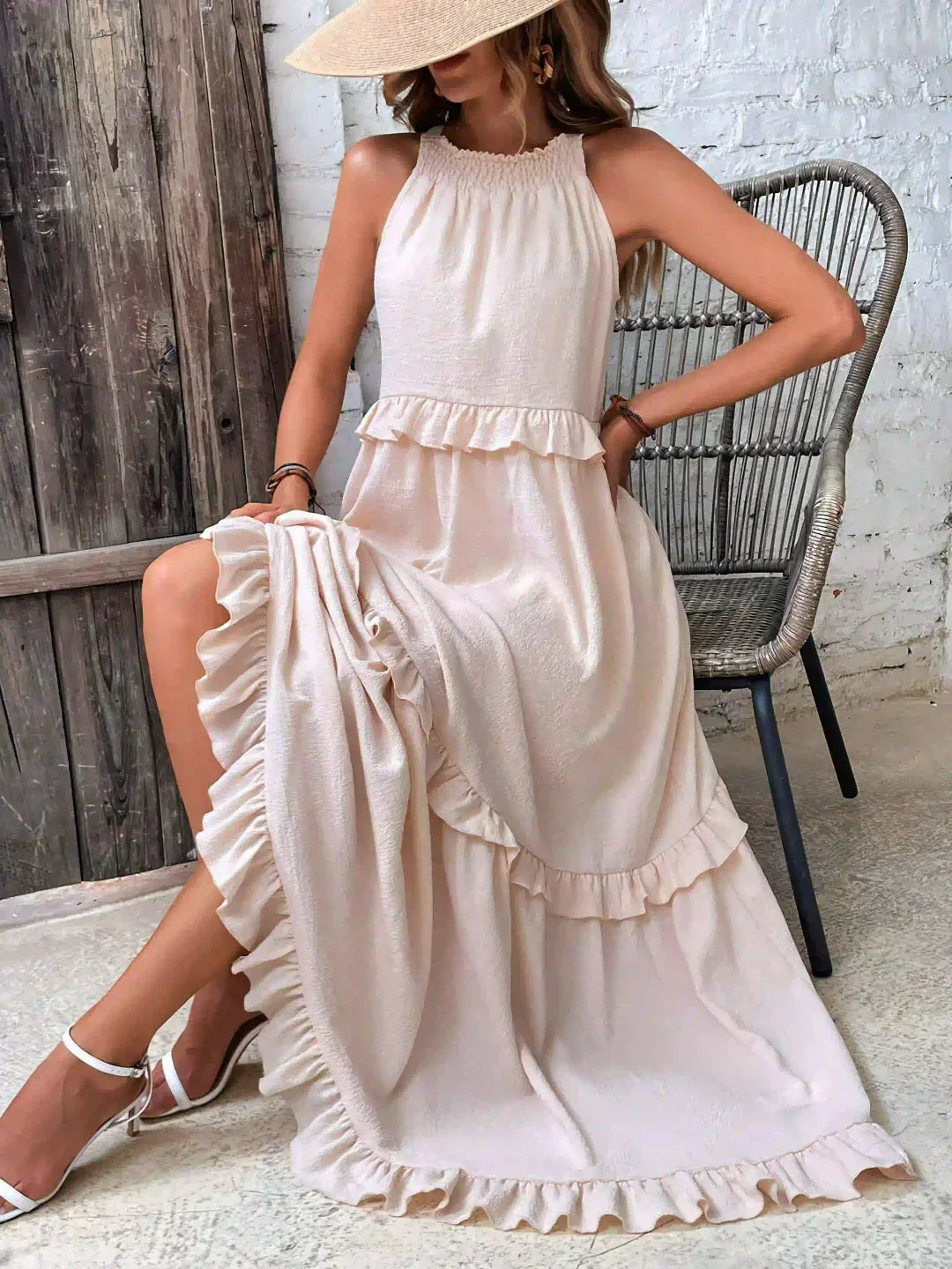 Halterneck Fitted Maxi Dress with Ruffle Details