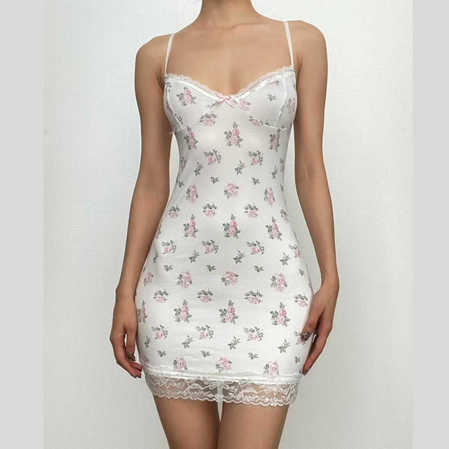 Floral Strappy Open-Back Mini Dress with Lace Details Main image