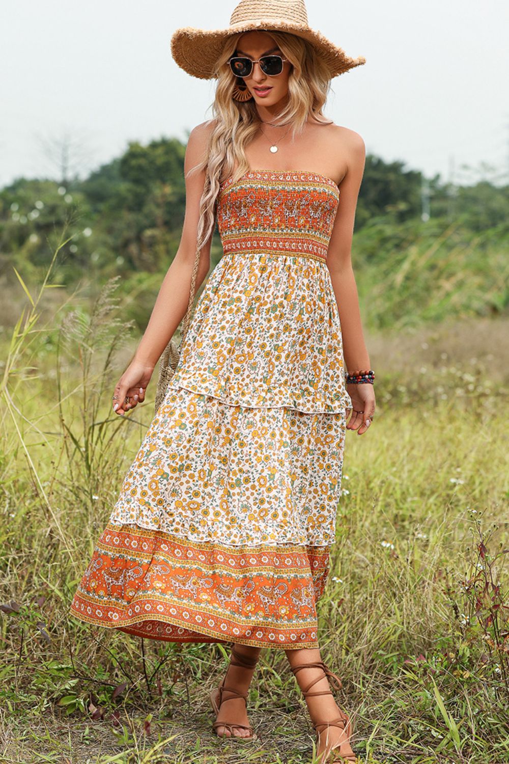 Strapless Midi Dress with Ruffle Details