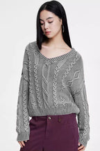 Cable-Knit Long-Sleeve Sweater with a V-Neck