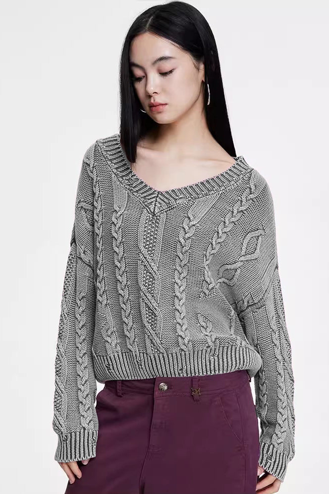 Cable-Knit Long-Sleeve Sweater with a V-Neck