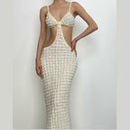 Waffle-Texture Strappy Open-Back Midi Dress with Cutout Details