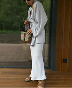 Grey V-Neck Elastic-Waist Two-Piece Set with Lace-Up Details