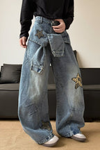 Leopard-Print Wide-Leg Relaxed-Fit Jeans with Panel Details
