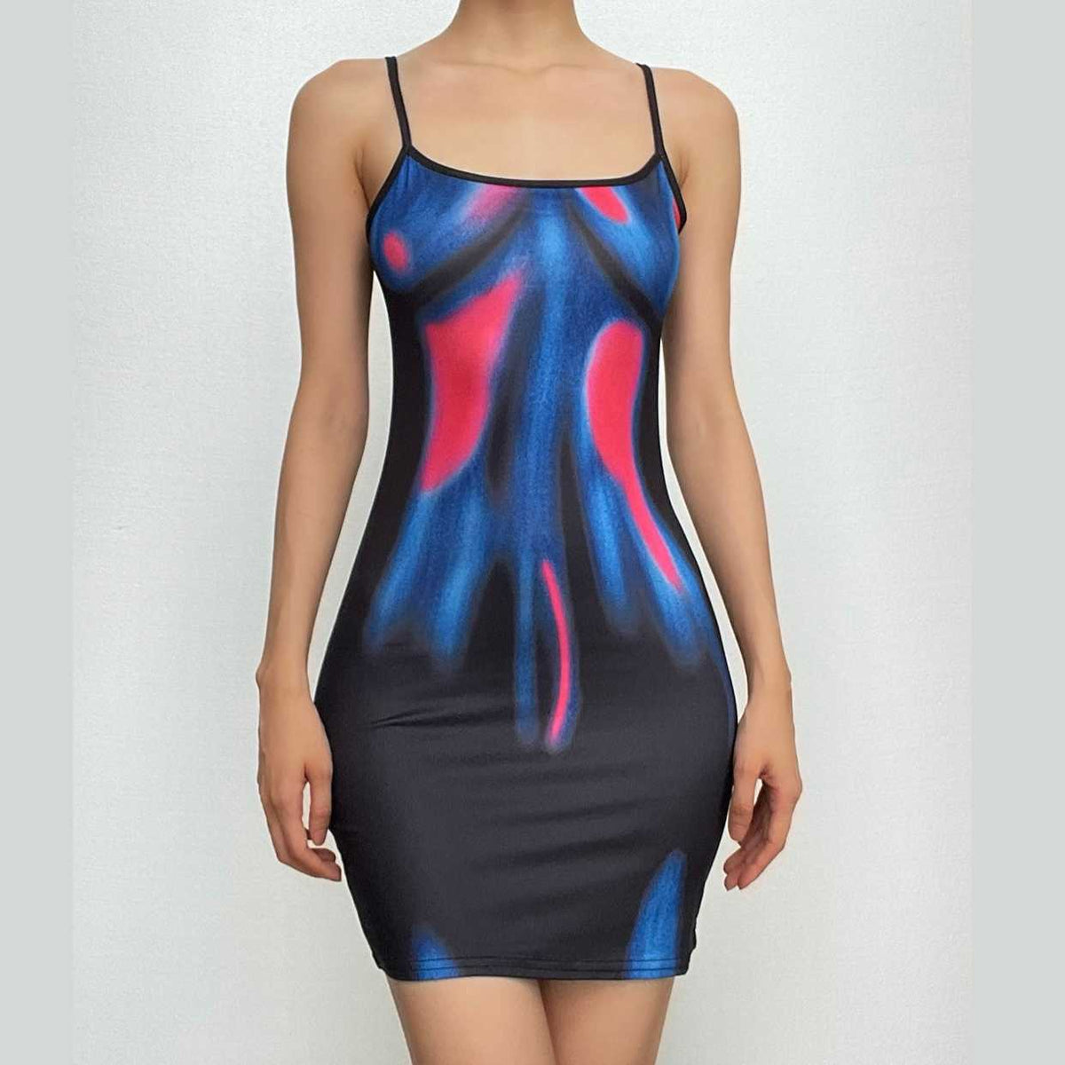 Printed Strappy Open-Back Mini Dress with a Scoop Neck