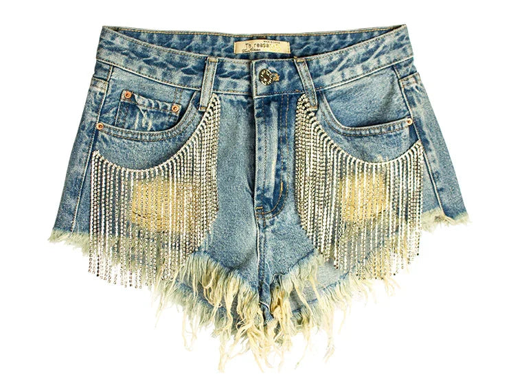 Denim Chain-Detail Shorts with Fringe Details