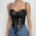 Sweetheart-Neck Faux-Leather Strappy Cami Top with a Front Zip